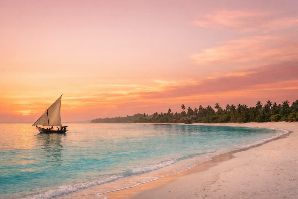 Sunrise over turquoise water with a dhow and palm-lined beach in Zanzibar